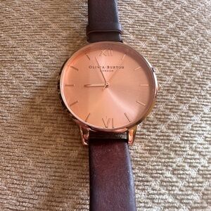 Olivia Burton Gold Watch with Dark Leather Strap